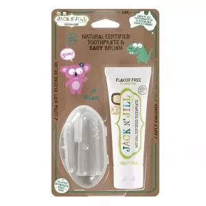 Jack n Jill Set d'action Dentifrice pour enfants - sans saveur (50 g) Brosse à dents pour enfants en silicone pour les doigts - set à prix réduit
